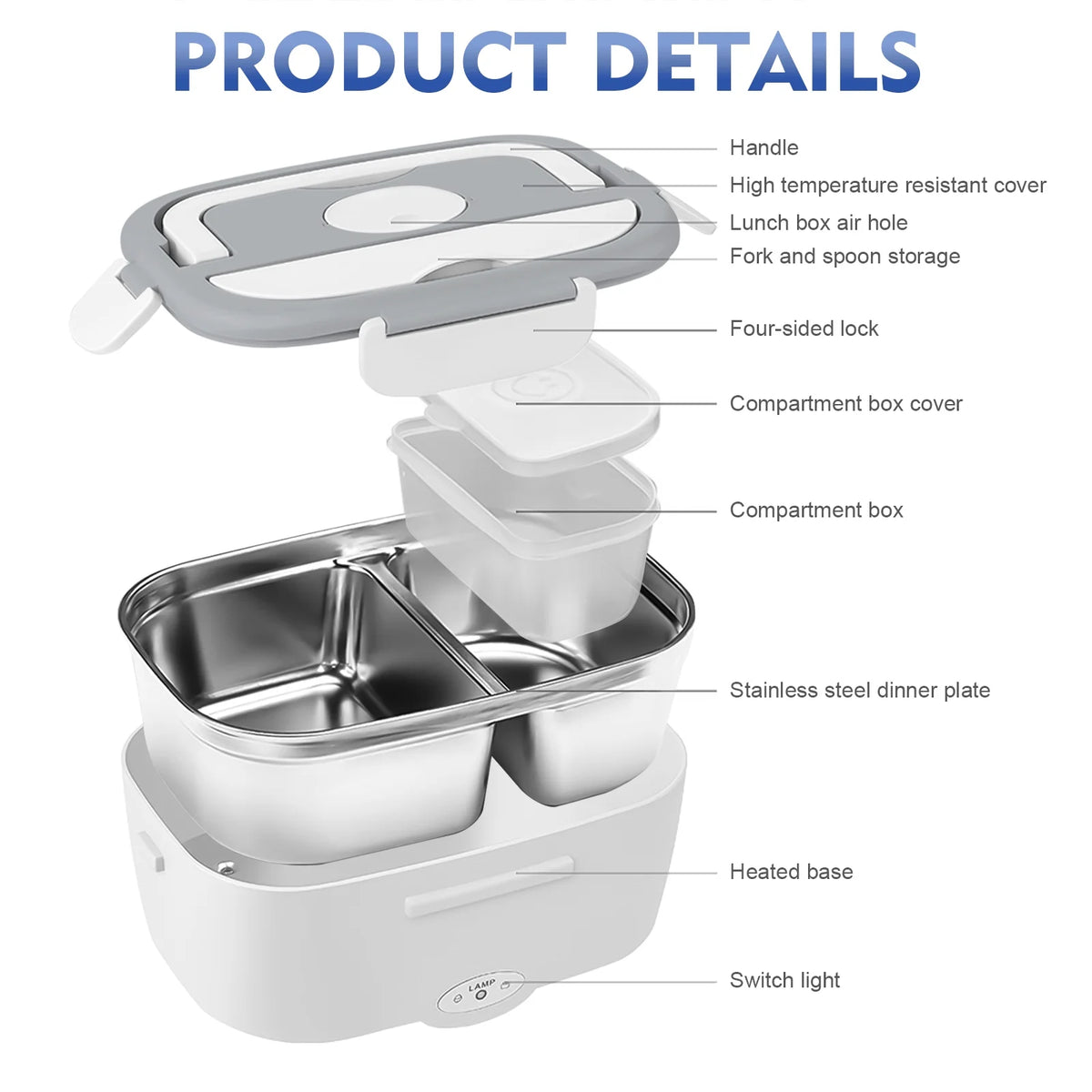 White 3-In-1 Portable Electric Lunch Box with 304 Stainless Steel Container L537