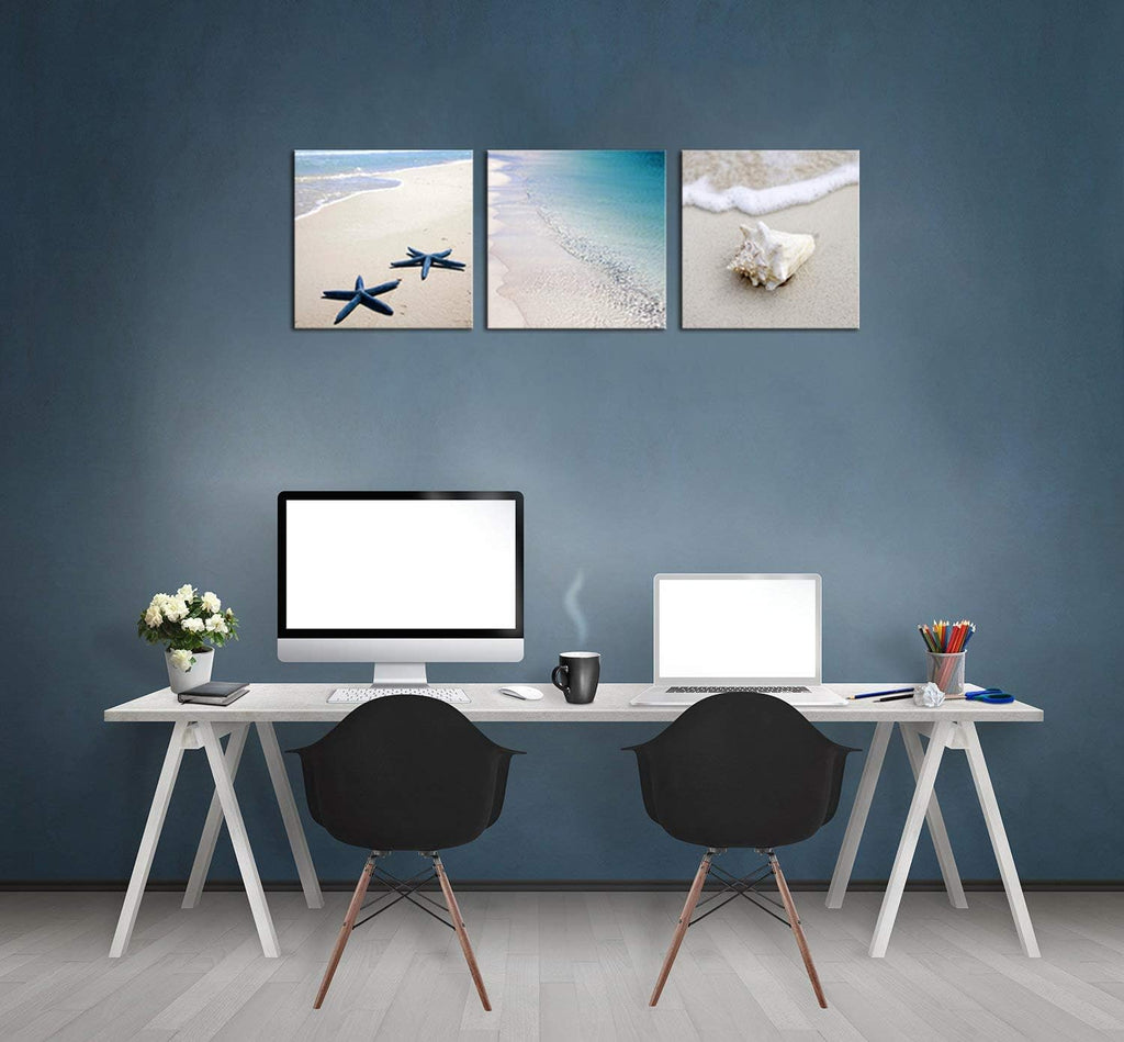 3 Piece Framed Canvas Wall Art Beach Seascape Painting E36969