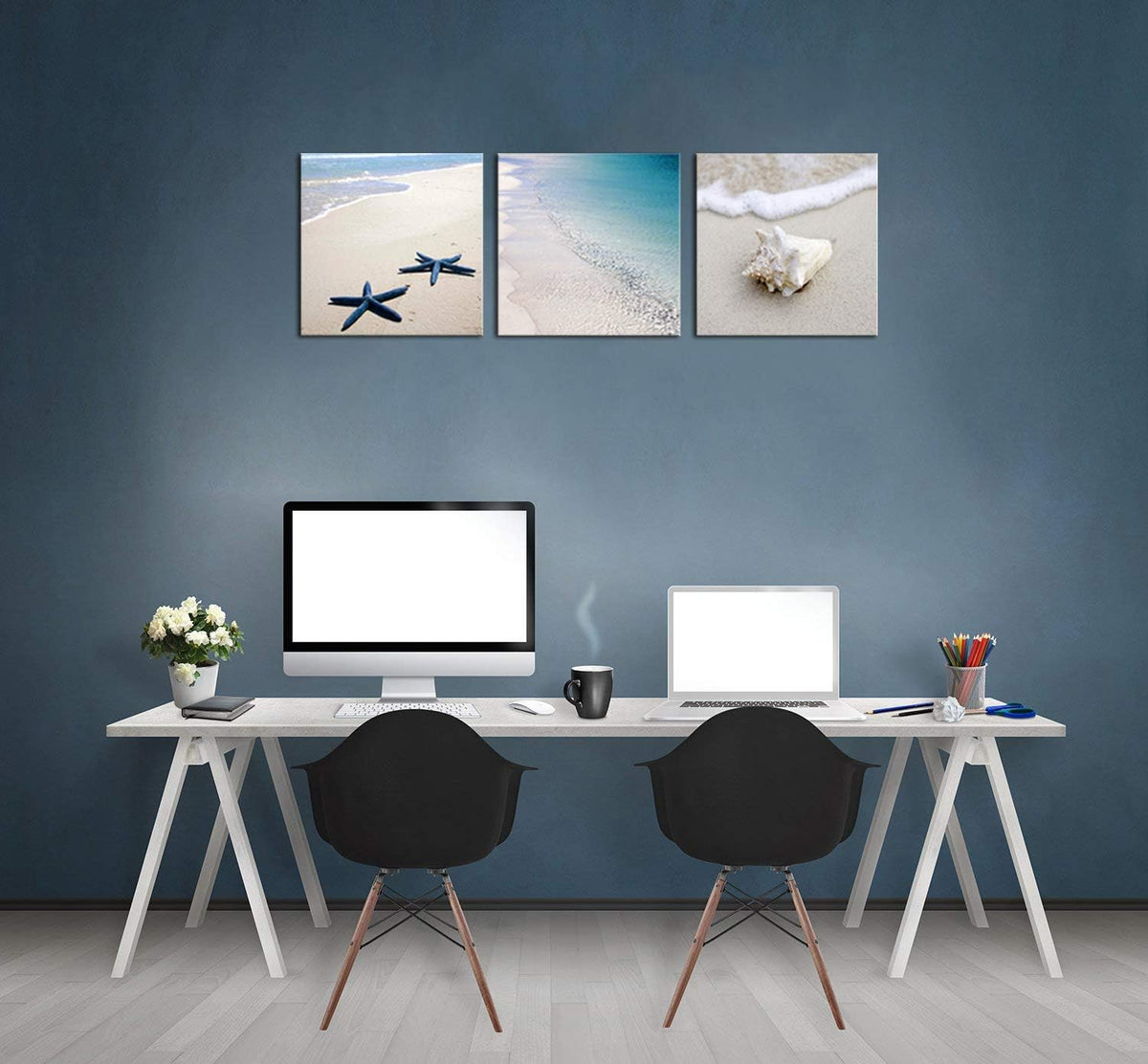 3 Piece Framed Canvas Wall Art Beach Seascape Painting E36969