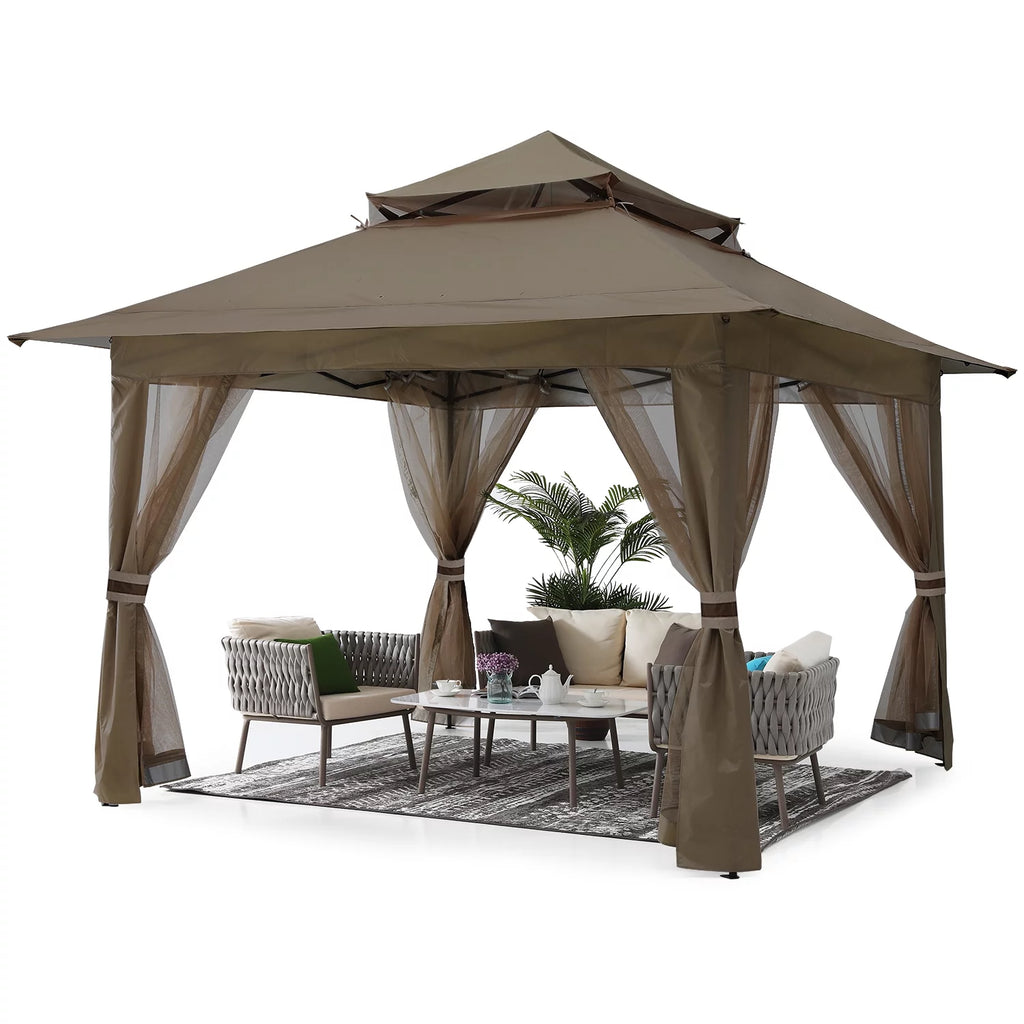 13'x13' Brown Pop up Gazebo Canopy Shelter with Mosquito Netting F520878