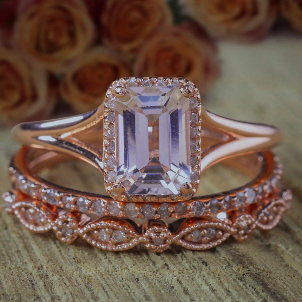 Emerald Cut Morganite Trio Ring Set with 18k Gold Plating S989731