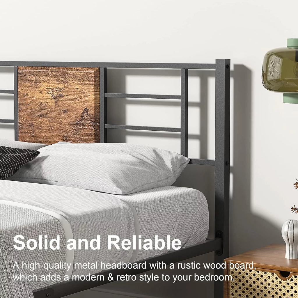 Queen Size Metal Platform Bed Frame with Wood Headboard I28752