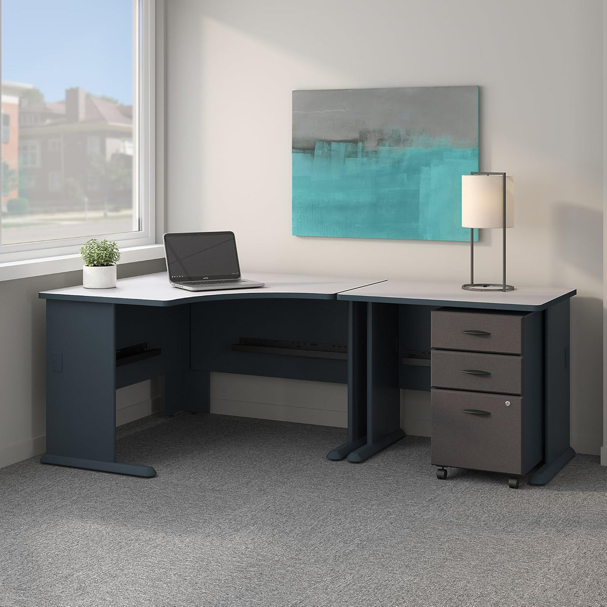 Corner Desk with Mobile File Cabinet in Pewter and White K2518