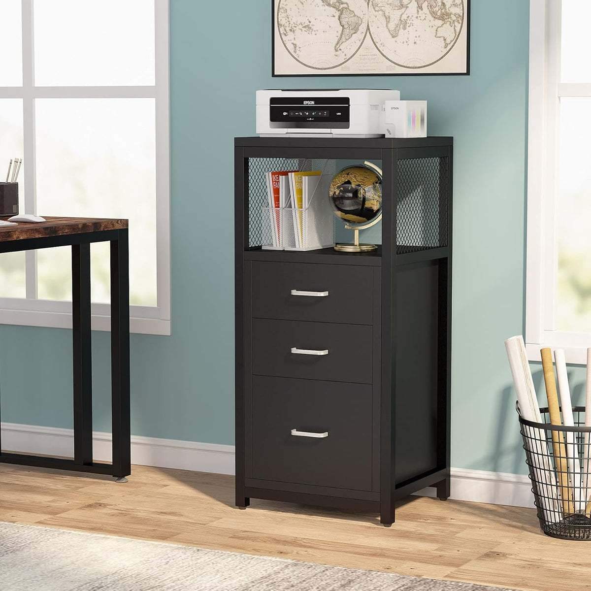 3 Drawer Letter Size File Cabinet with Wire Storage Shelves H28642