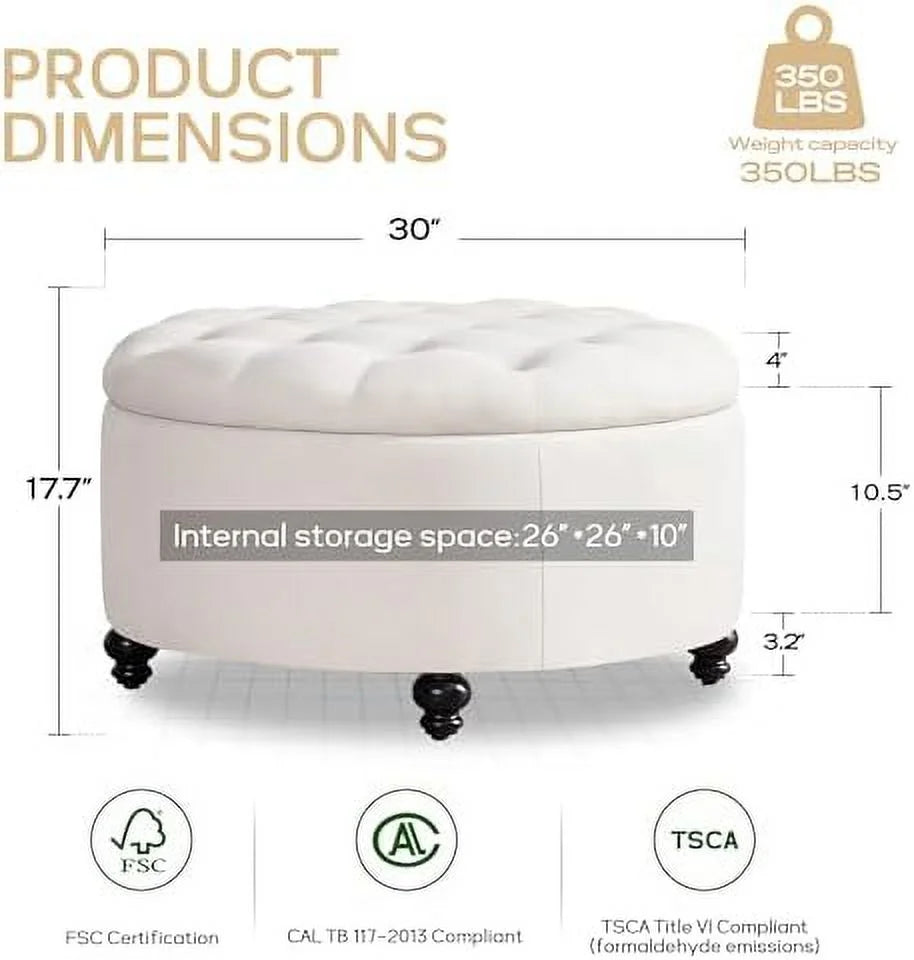 30-Inch Round Button Tufted Upholstered Ottoman with Removeable Top F937168