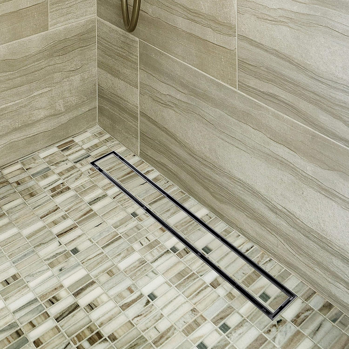 36-Inch Offset Linear Shower Drain with Tile Insert Grate Cover, Brushed 304 Stainless Steel Rectangle Side Outlet Shower Floor Drain N856