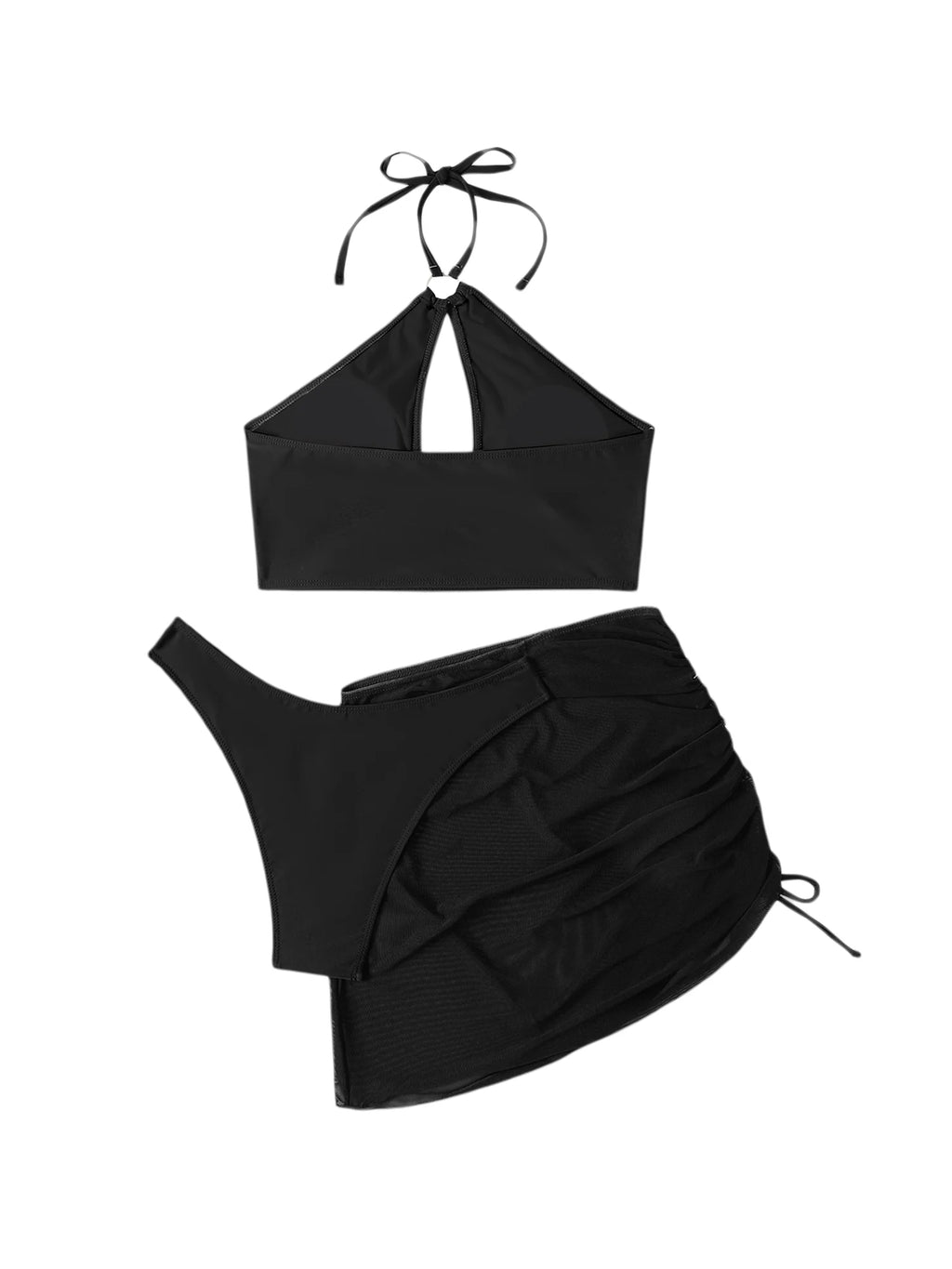3 Pcs Bikini Set Halter Backless Tie-up Swim Bra Thong with Sarong Skirt Tie-dye Black R26541