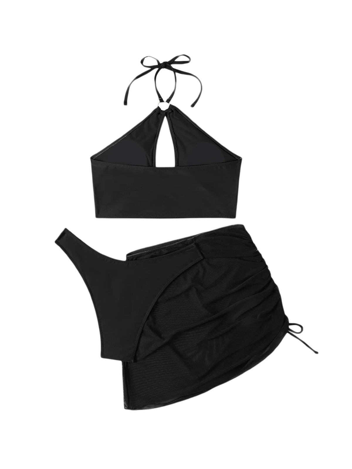 3 Pcs Bikini Set Halter Backless Tie-up Swim Bra Thong with Sarong Skirt Tie-dye Black R26541