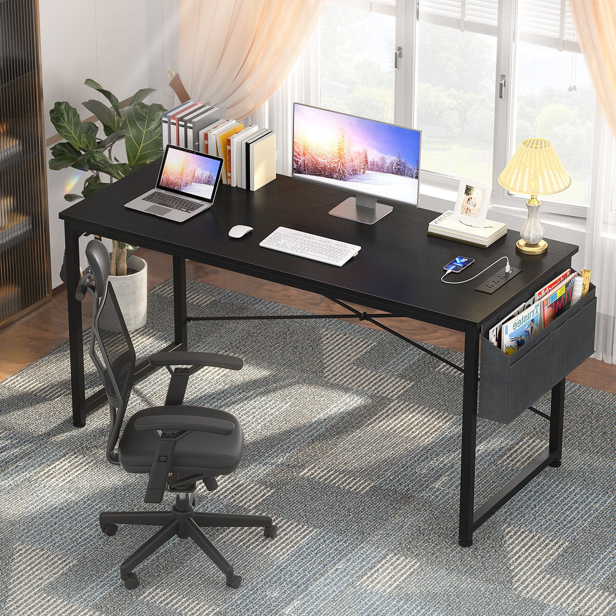 Black 47 Inch Computer Desk with Power Outlets O60875