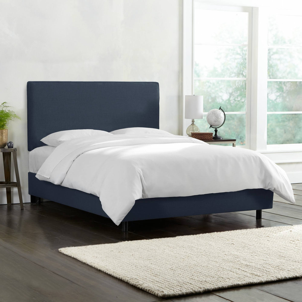 Navy Linen Queen Box Seam Bed U95854