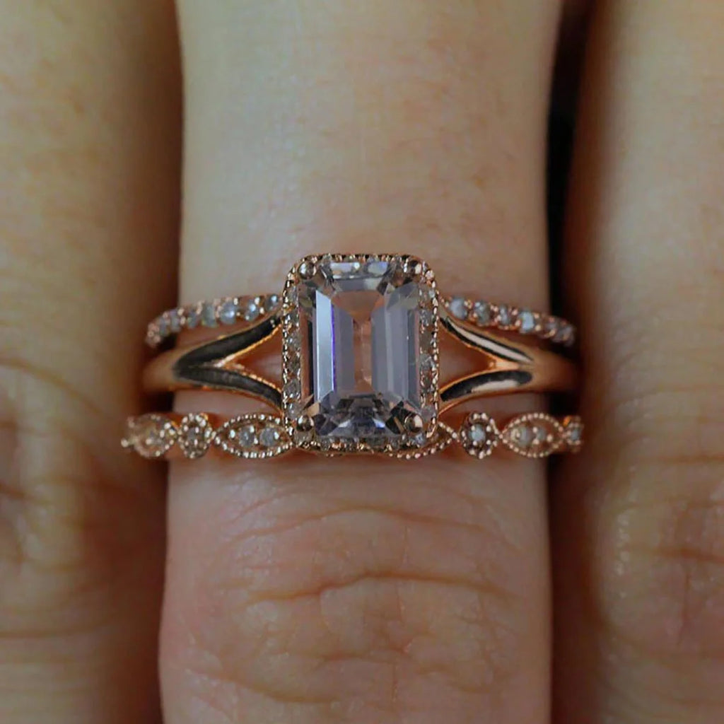 Emerald Cut Morganite Trio Ring Set with 18k Gold Plating S989731