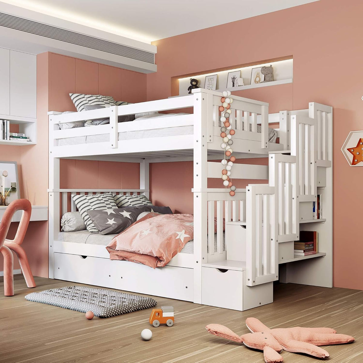 Twin Over Twin/Full Bunk Bed with Trundle and Drawers Grey O243036