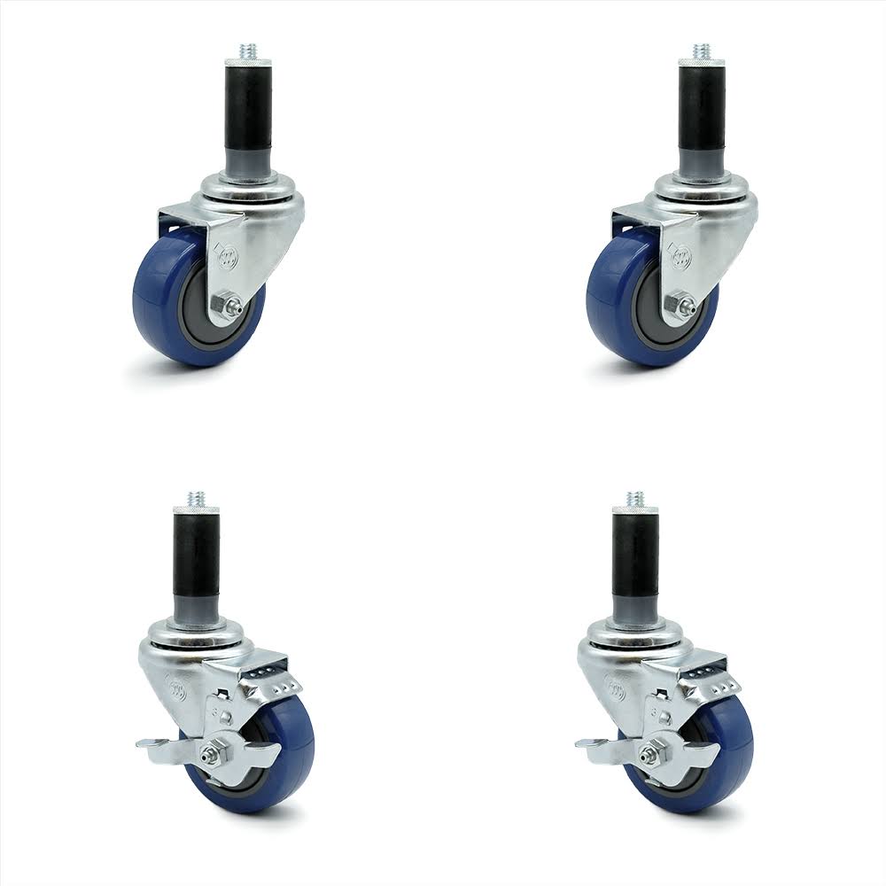 3 inch Blue Polyurethane Swivel Expanding Stem Caster Set 2 Brake W684130