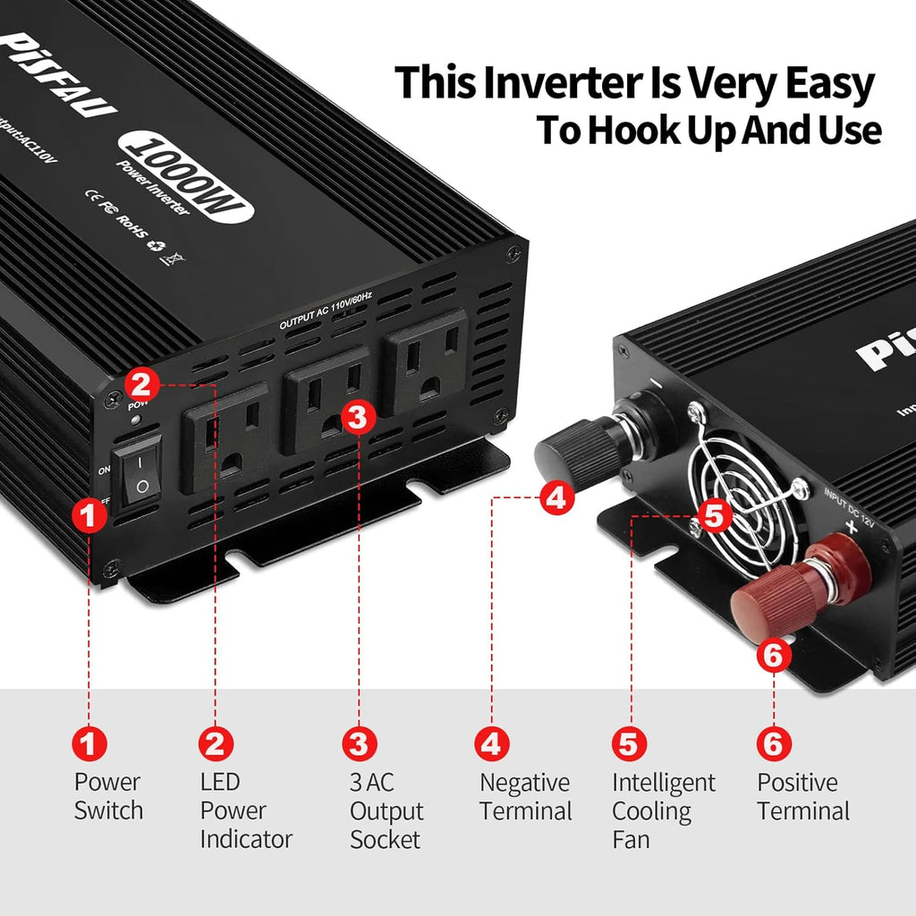 1000W Power Inverter 12V DC to 110V AC Converter with 3 AC Sockets S867233