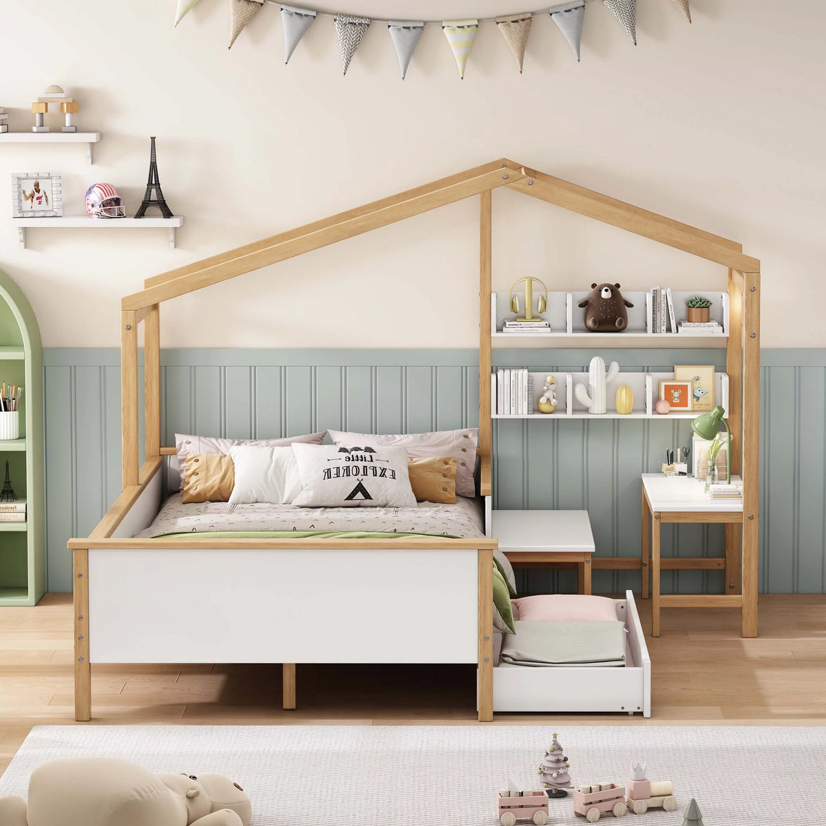 White Full Size Wooden House Bed with Desk and 6-Drawer Chest Q1181