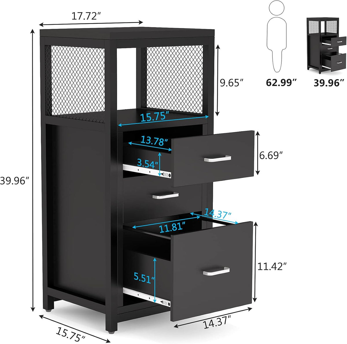 3 Drawer Letter Size File Cabinet with Wire Storage Shelves H28642