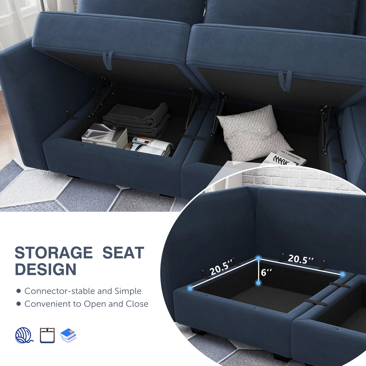 Navy Blue Velvet Modular Sleeper Sofa W52675