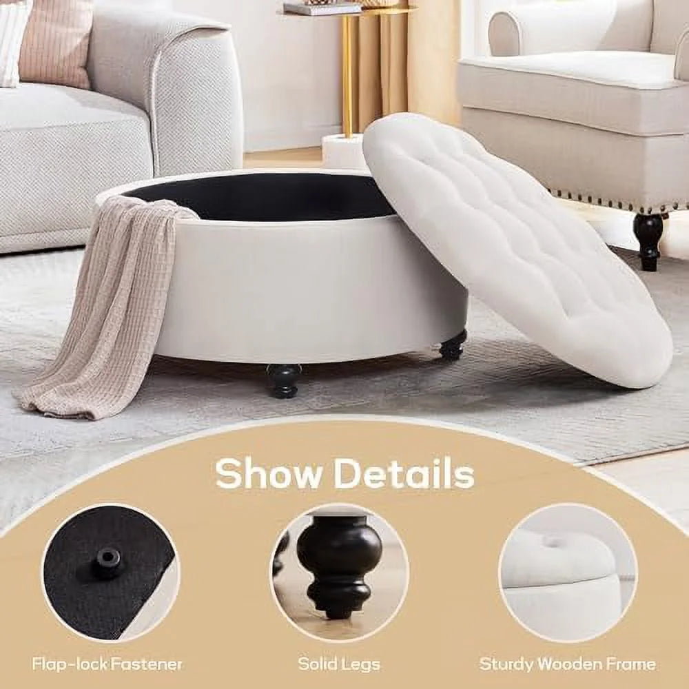 30-Inch Round Button Tufted Upholstered Ottoman with Removeable Top F937168