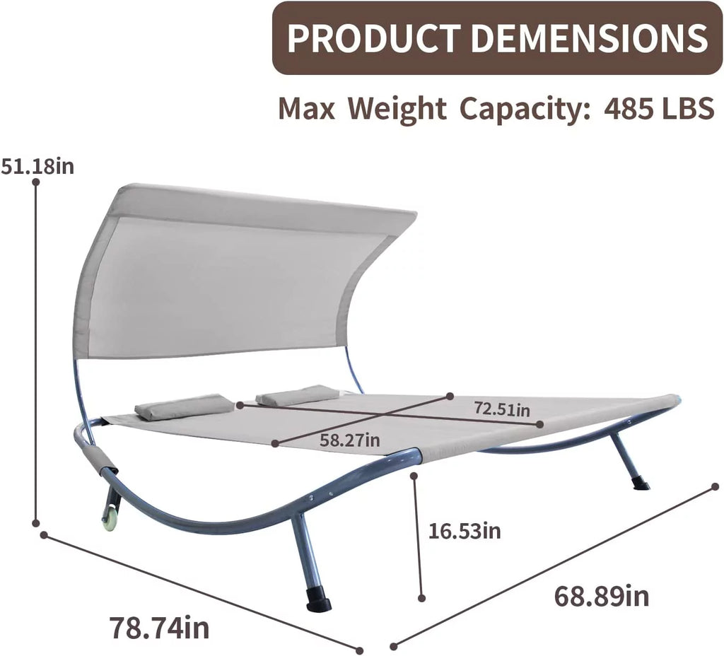 Double Chaise Lounge Bed with Canopy, Headrest Pillow and Wheels E806