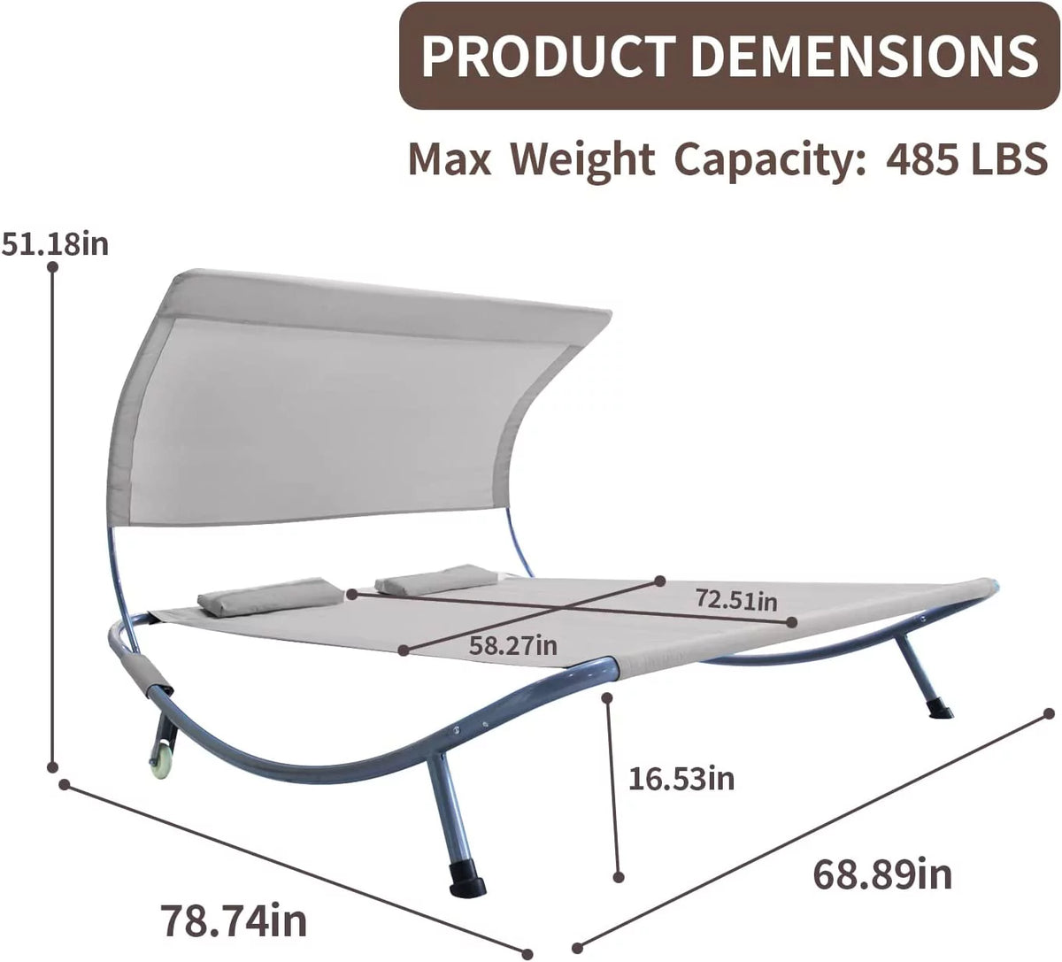 Double Chaise Lounge Bed with Canopy, Headrest Pillow and Wheels E806