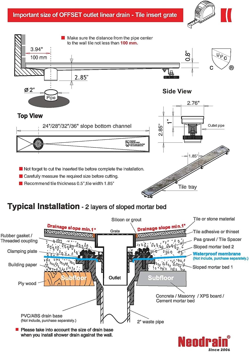 36-Inch Offset Linear Shower Drain with Tile Insert Grate Cover, Brushed 304 Stainless Steel Rectangle Side Outlet Shower Floor Drain N856