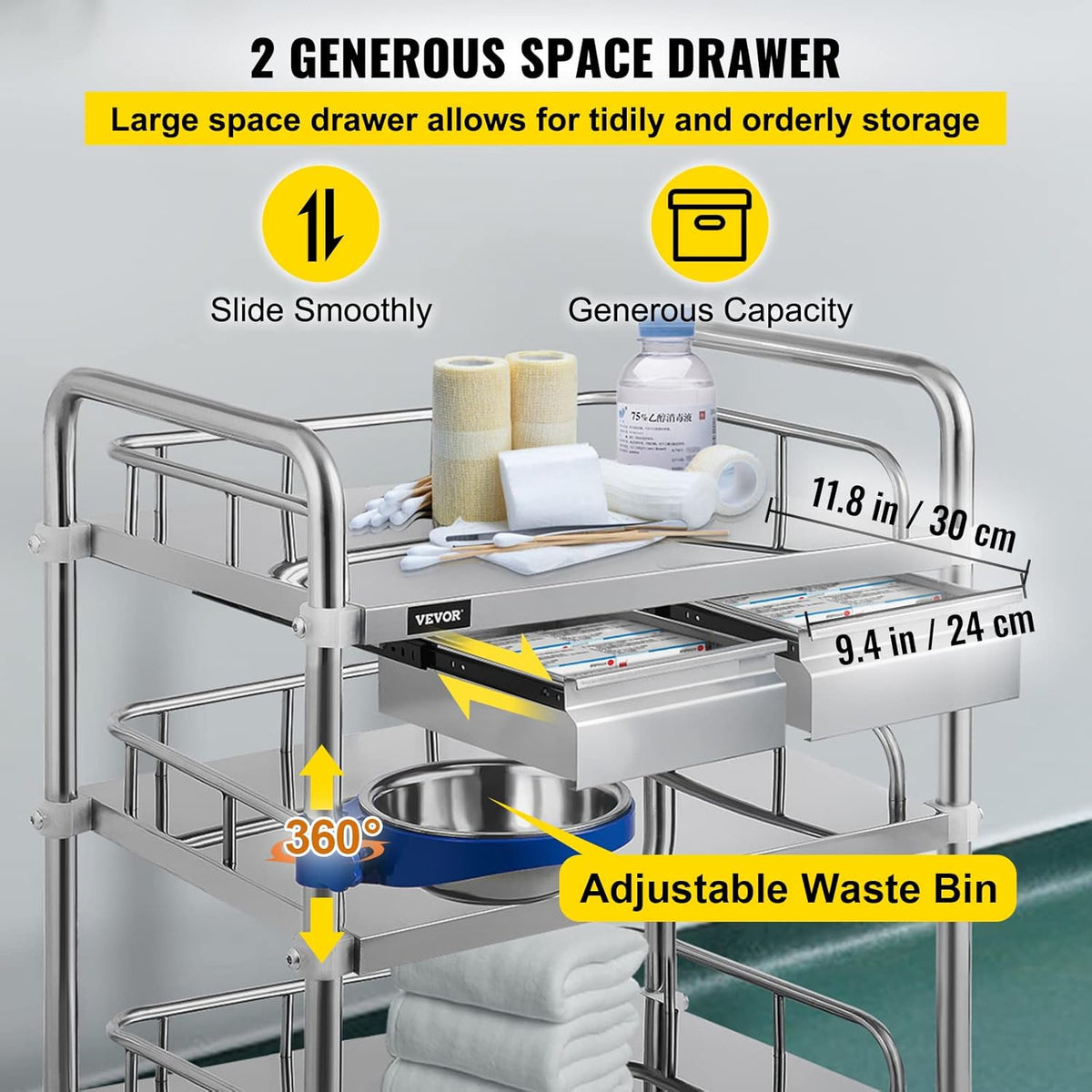 3 Layer Stainless Steel Lab Cart with Drawers J236