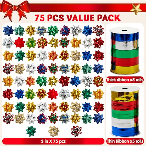 75 Pcs Christmas Bows with 2 Rolls of Curling Ribbons P4395