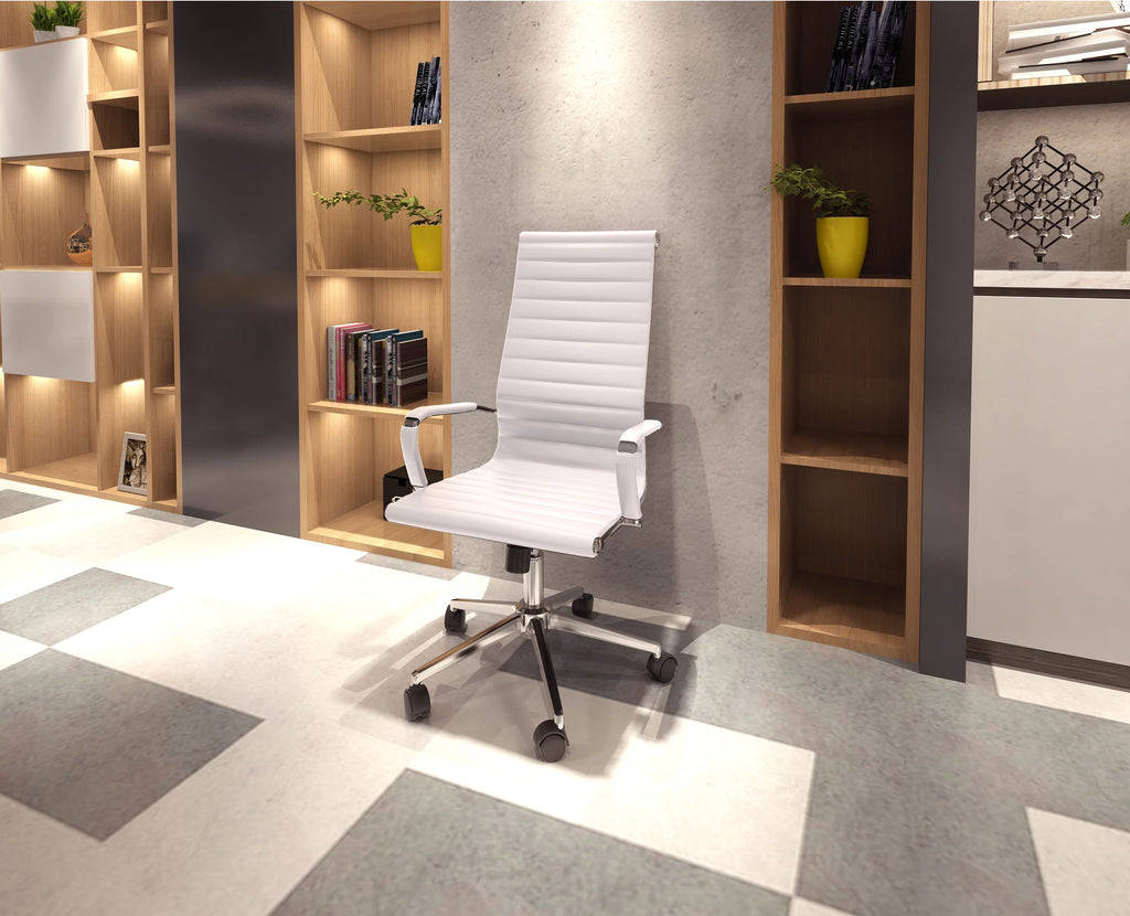 White Mid Century Modern High Back Ribbed PU Leather Ergonomic Office Chair C212781