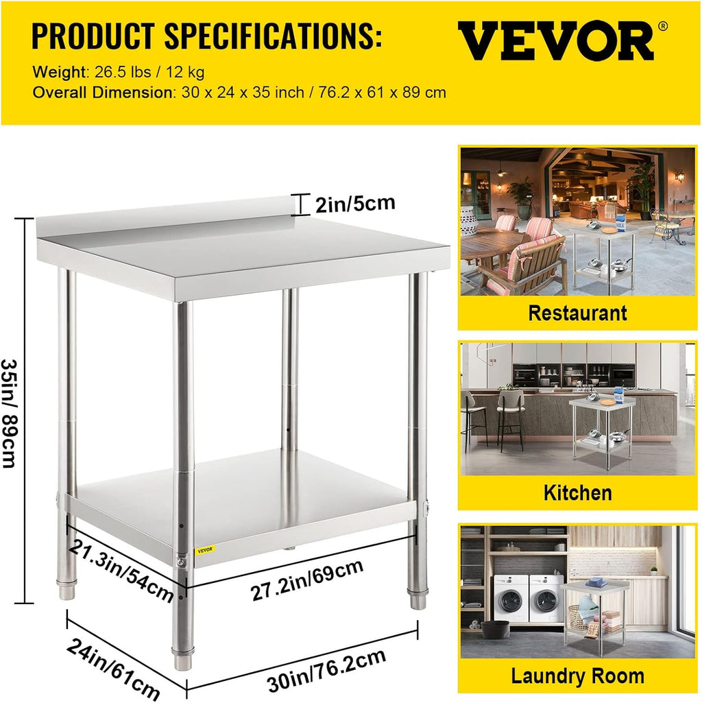 Stainless Steel Prep Table with Backsplash and Adjustable Undershelf V7151