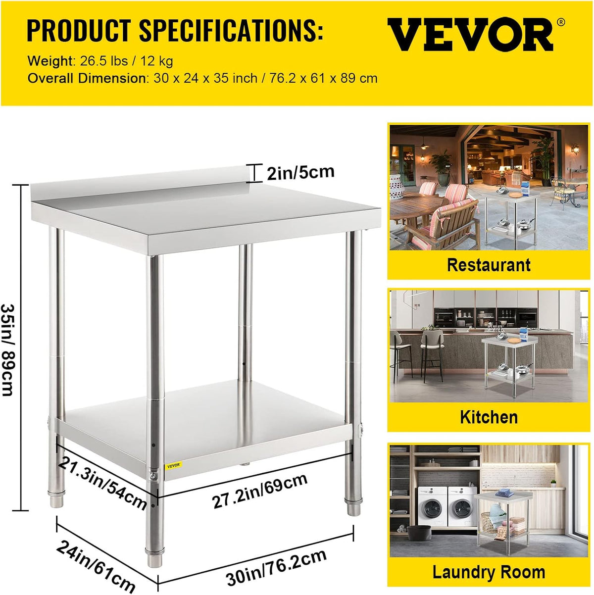 Stainless Steel Prep Table with Backsplash and Adjustable Undershelf V7151