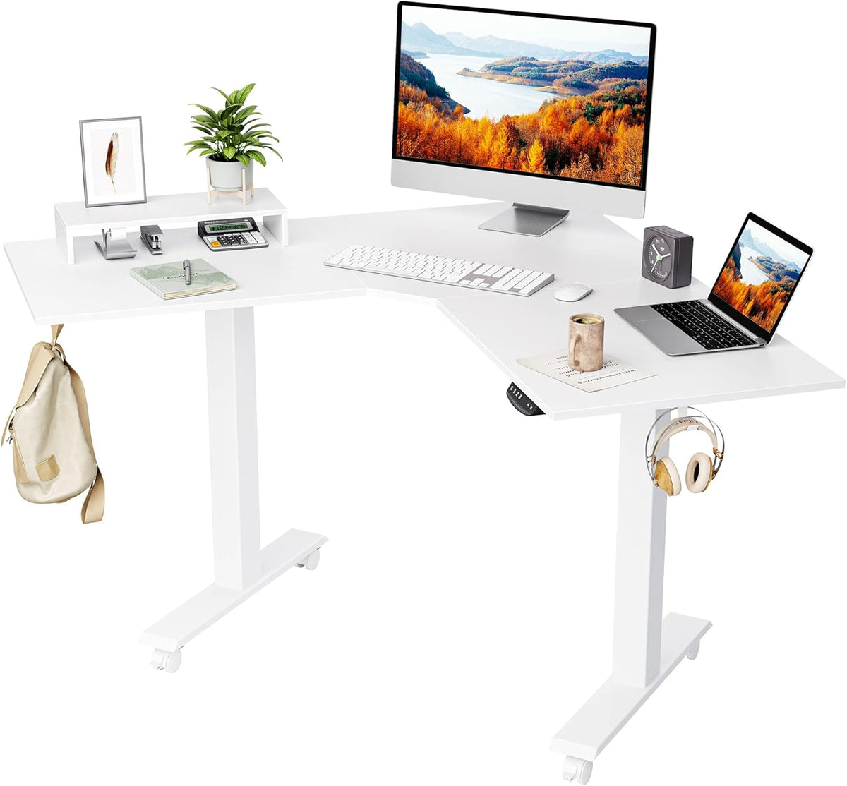 L Shaped Electric Standing Desk with Bamboo Top and Black Frame Y87675