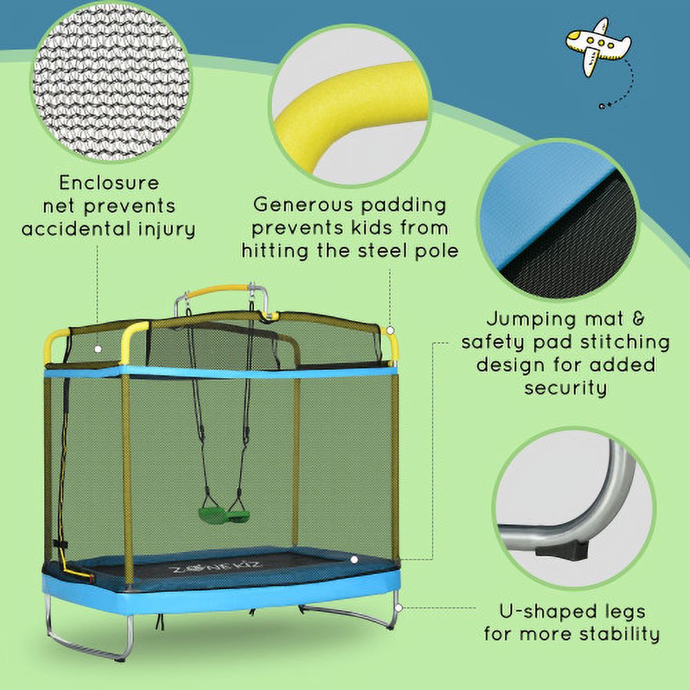 3-in-1 Kids Trampoline with Enclosure, Swing, Gymnastics Bar, Light Blue S9398