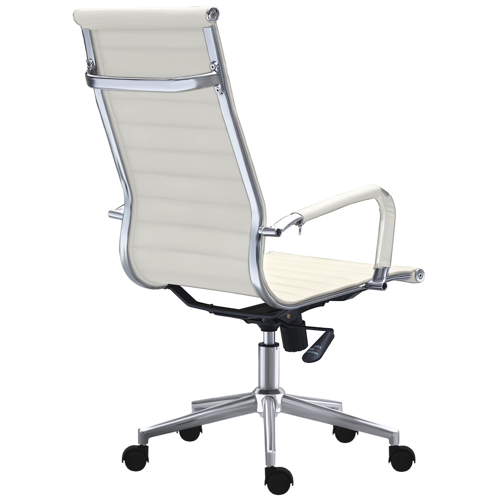 White Mid Century Modern High Back Ribbed PU Leather Ergonomic Office Chair C212781