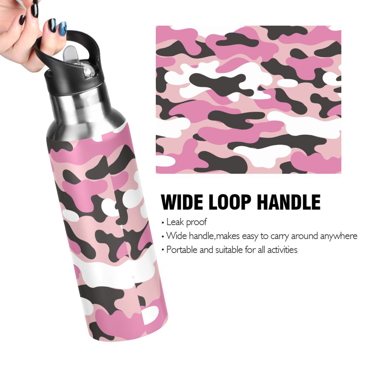 Camouflage Pink Insulated Stainless Steel Water Bottle with Straw Lid, 20 oz W4178