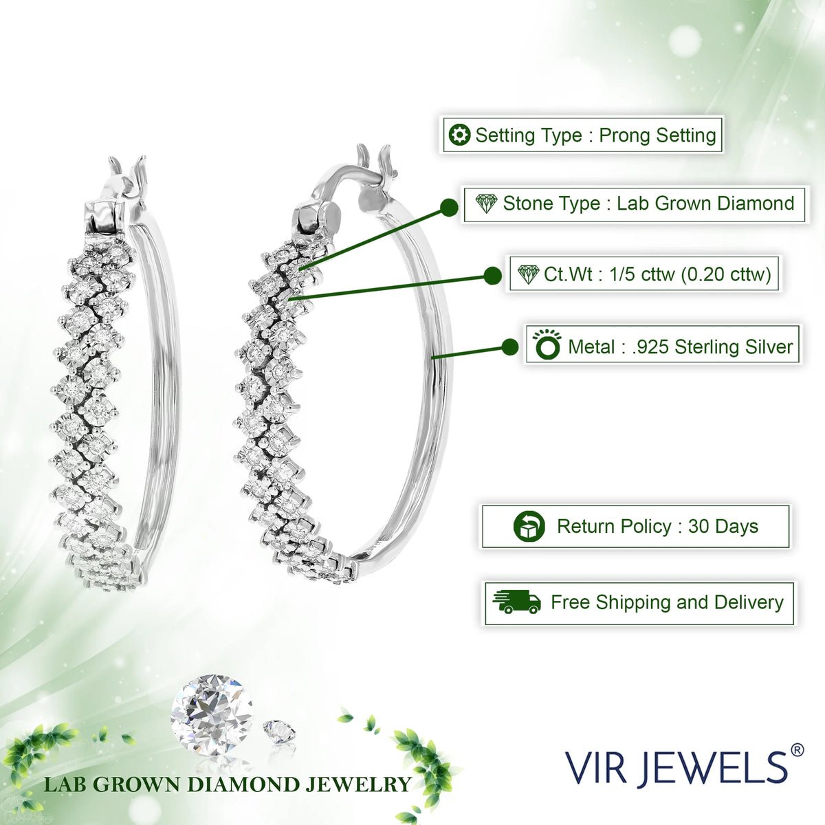 1/5 CTTW Lab Grown Diamond Hoop Earrings 925 Sterling Silver G703388