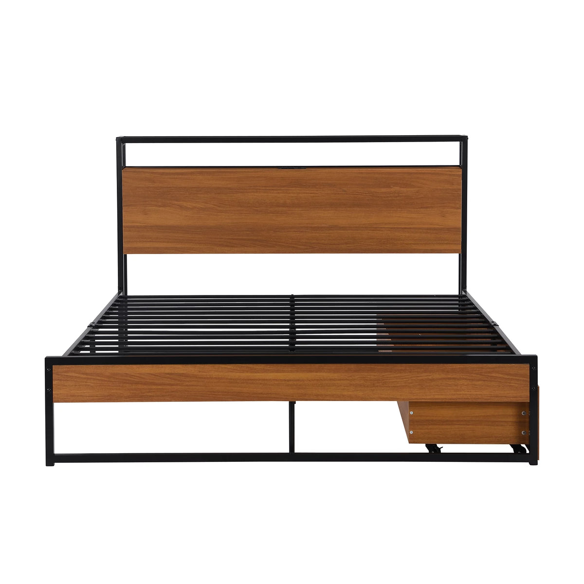 Black Queen Size Metal Platform Bed Frame with Wood Headboard and 2 Drawers Y309