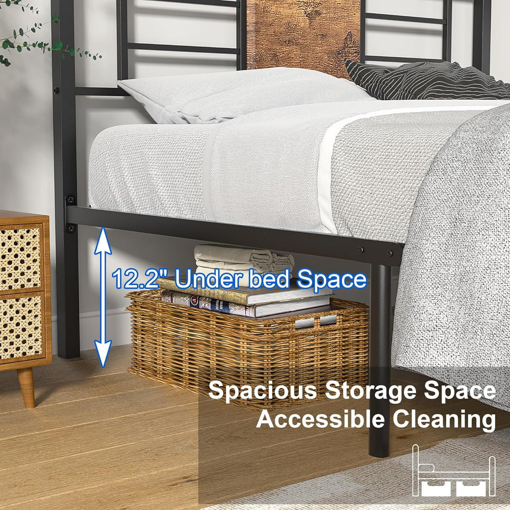 Queen Size Metal Platform Bed Frame with Wood Headboard I28752