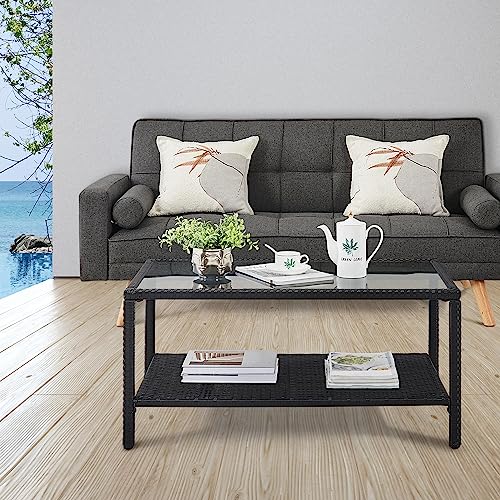 Black Wicker Storage Coffee Table with Tempered Glass Top U704