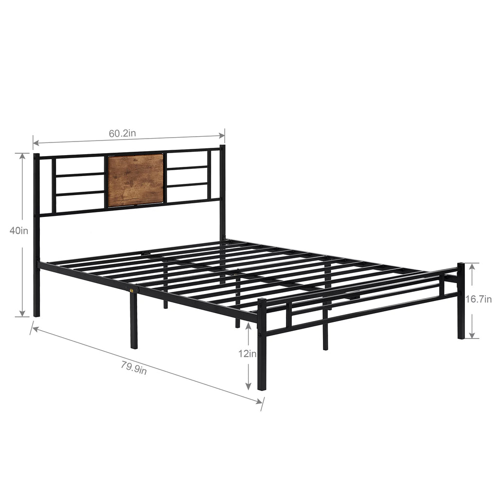 Queen Size Metal Platform Bed Frame with Wood Headboard I28752