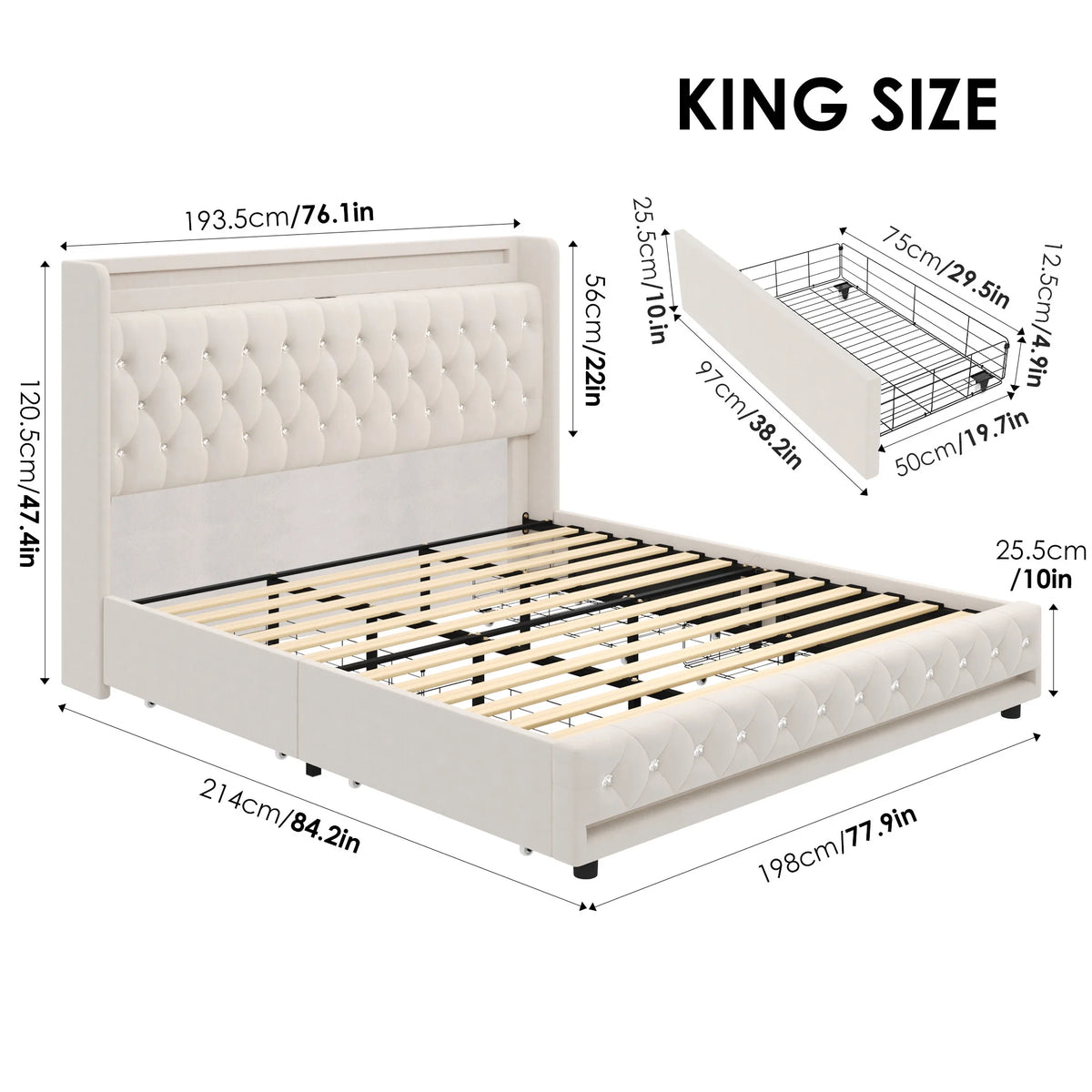 King Size LED Upholstered Platform Bed Frame with 4 Storage Drawers O21914
