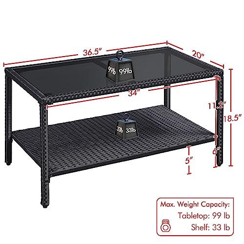 Black Wicker Storage Coffee Table with Tempered Glass Top U704
