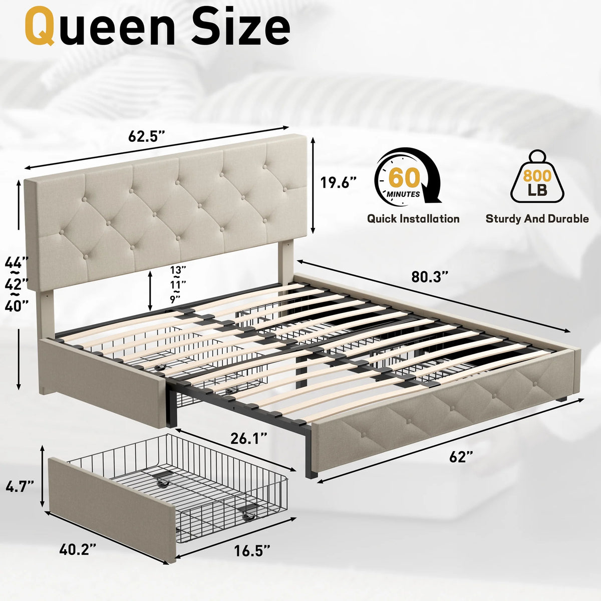 Queen Size Upholstered Storage Bed Frame with 4 Drawers E273