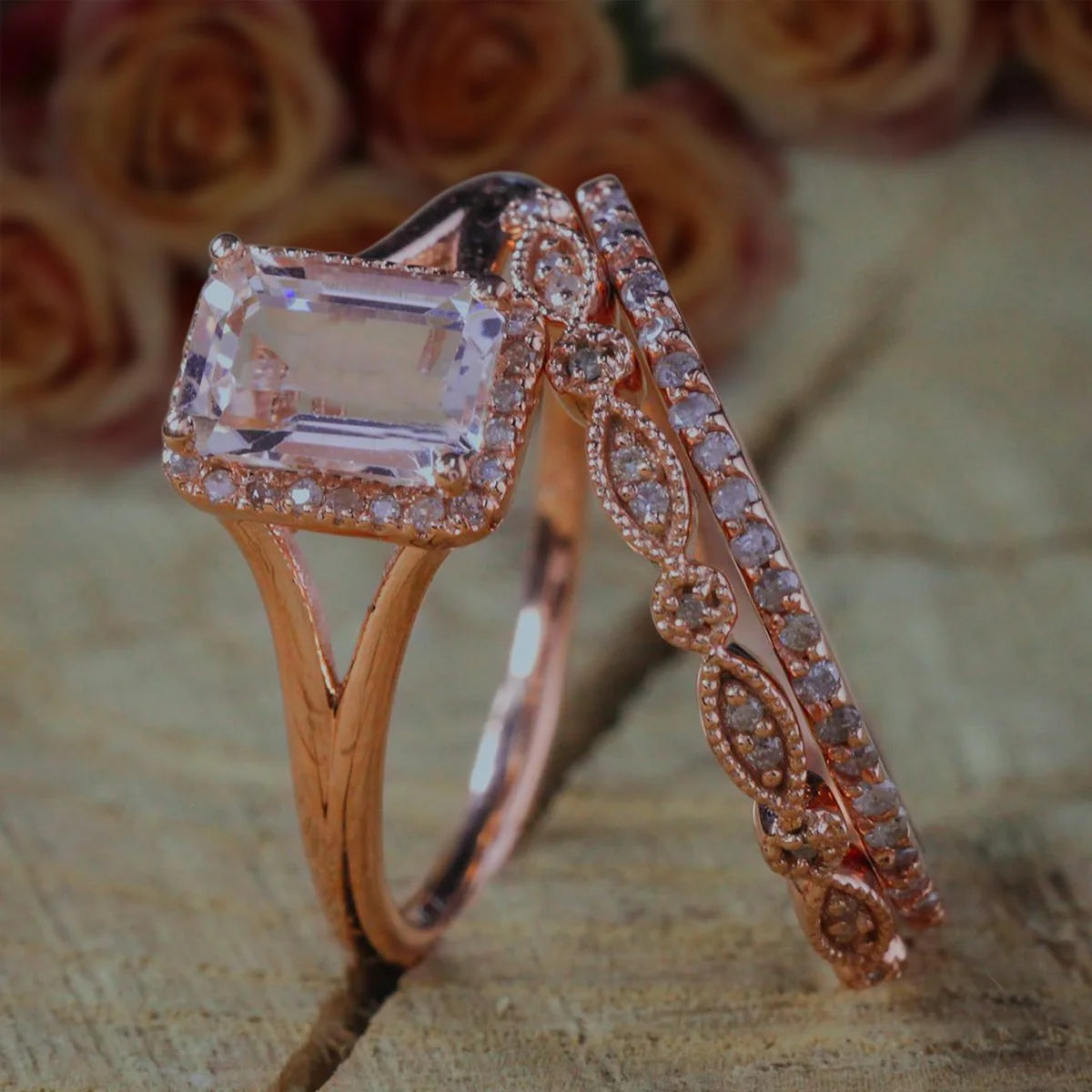 Emerald Cut Morganite Trio Ring Set with 18k Gold Plating S989731