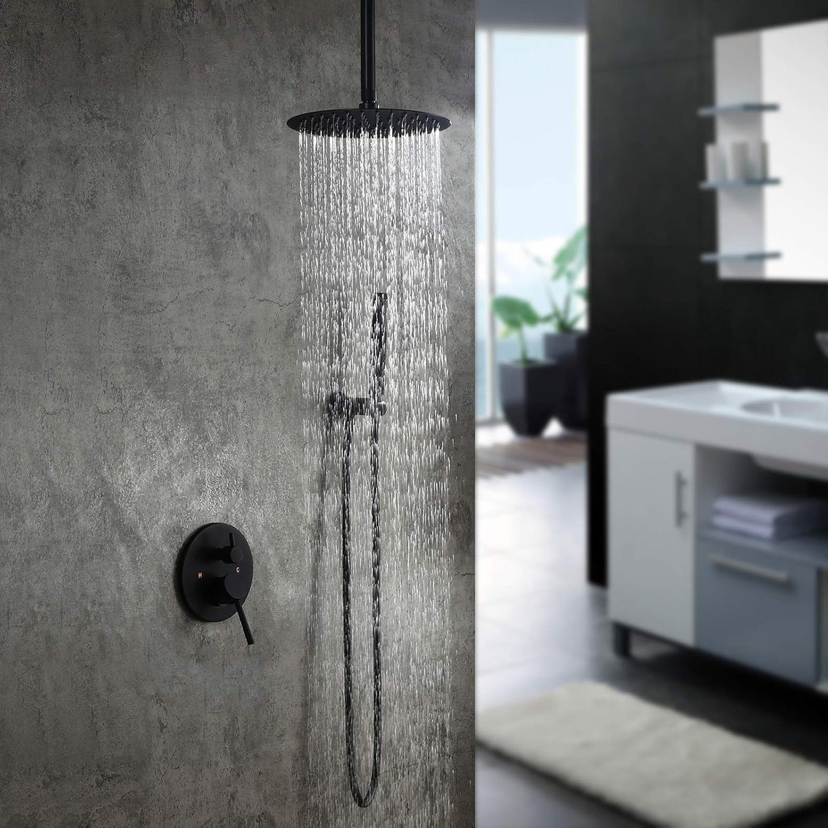 Matte Black 12" Ceiling Mounted Round Rainfall Shower with Hand Shower Wall Mount Combo Set with Rough-in Valve and Trims, Solid Brass T30051