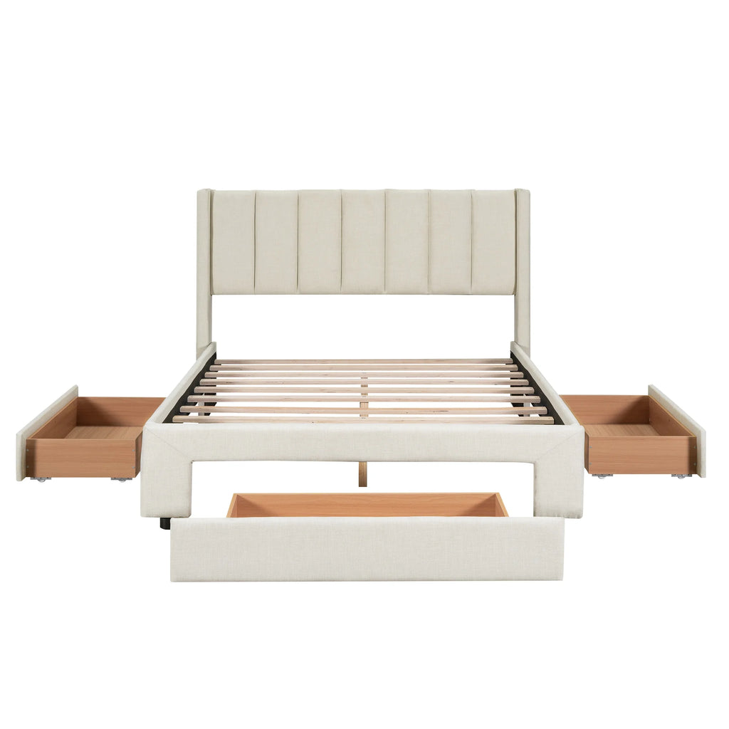 Beige Queen Size Upholstered Platform Bed with 3 Storage Drawers L881