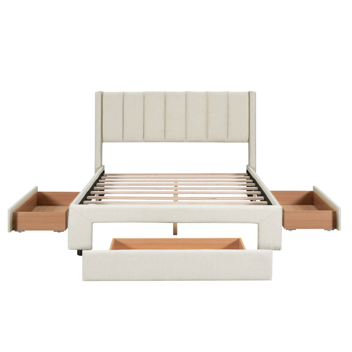 Beige Queen Size Upholstered Platform Bed with 3 Storage Drawers L881