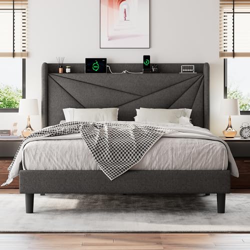 White Full Size Upholstered Platform Bed Frame with Storage Headboard G5091