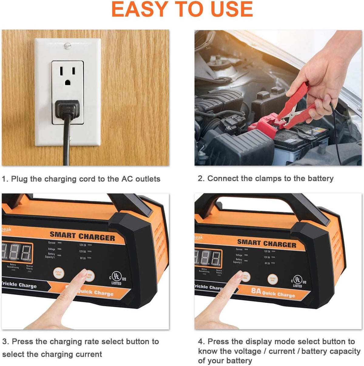 6V 12V Smart Car Battery Charger and Maintainer 2A 8A with Cable Clamps J75760