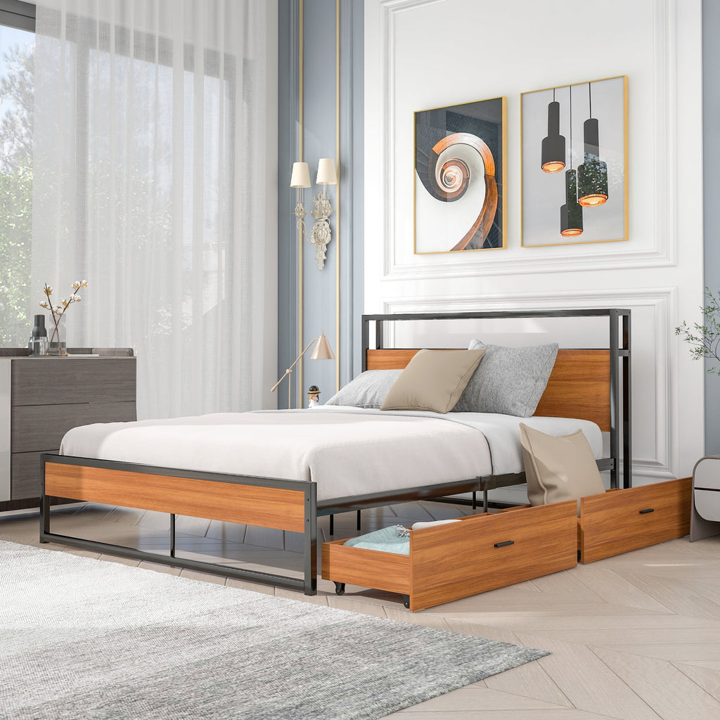 Black Queen Size Metal Platform Bed Frame with Wood Headboard and 2 Drawers Y309