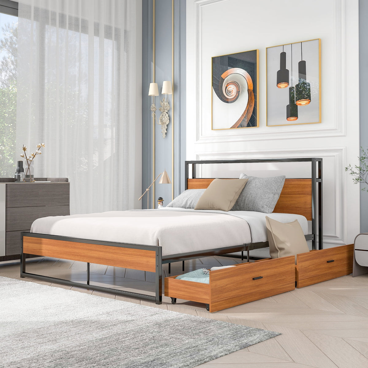 Black Queen Size Metal Platform Bed Frame with Wood Headboard and 2 Drawers Y309